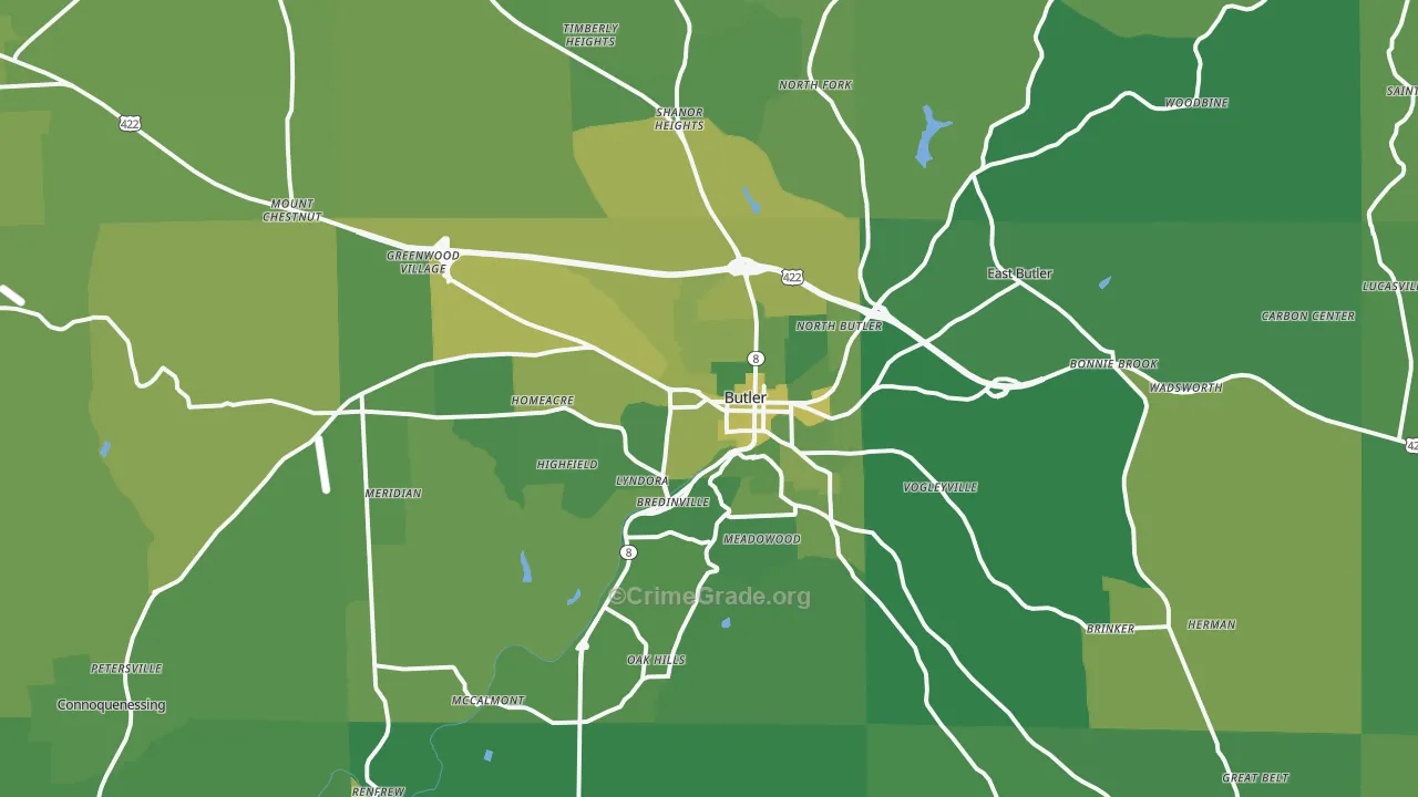 Butler, PA Map of Vehicle Theft Rates