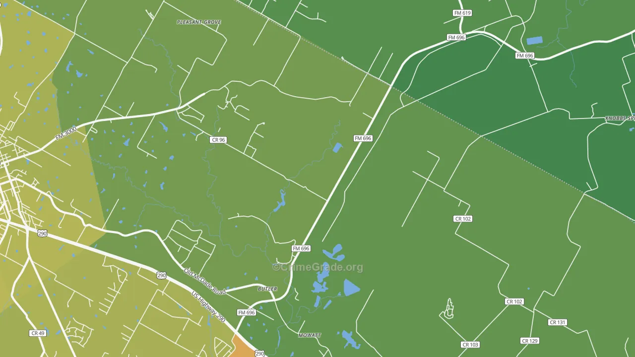 Butler, TX Map of Vehicle Theft Rates