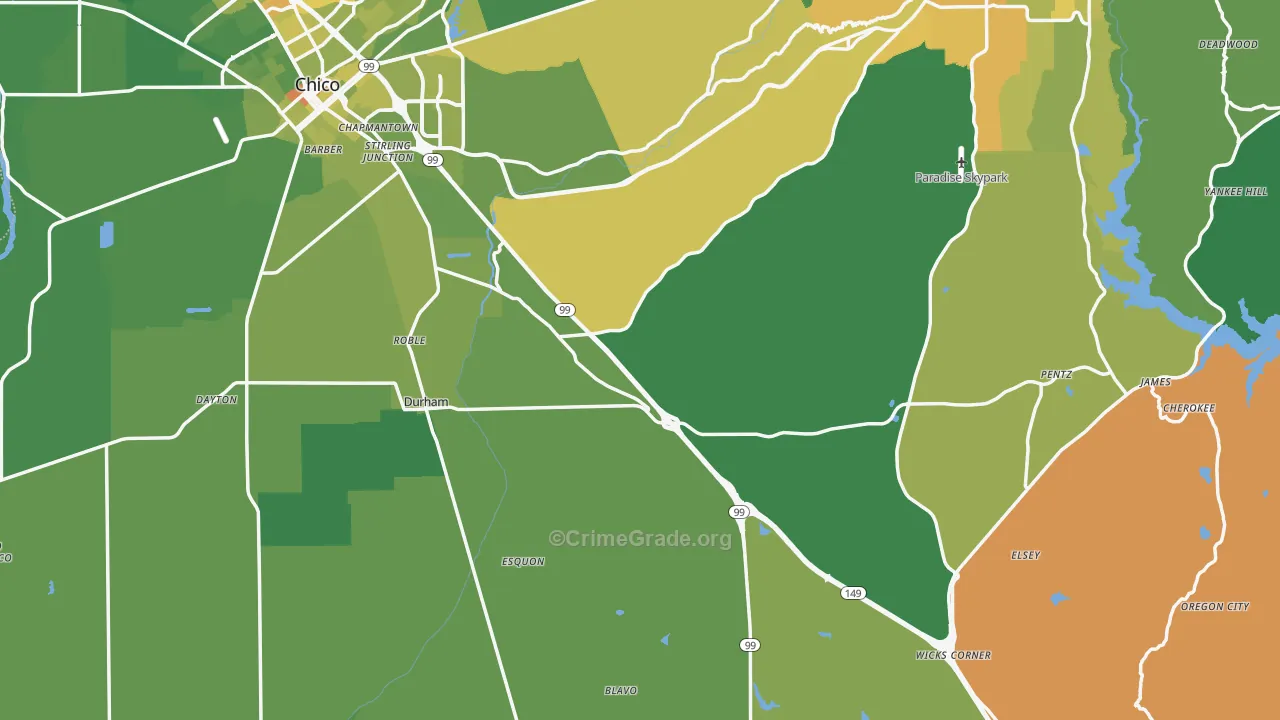 Butte County, CA Map of Vehicle Theft Rates