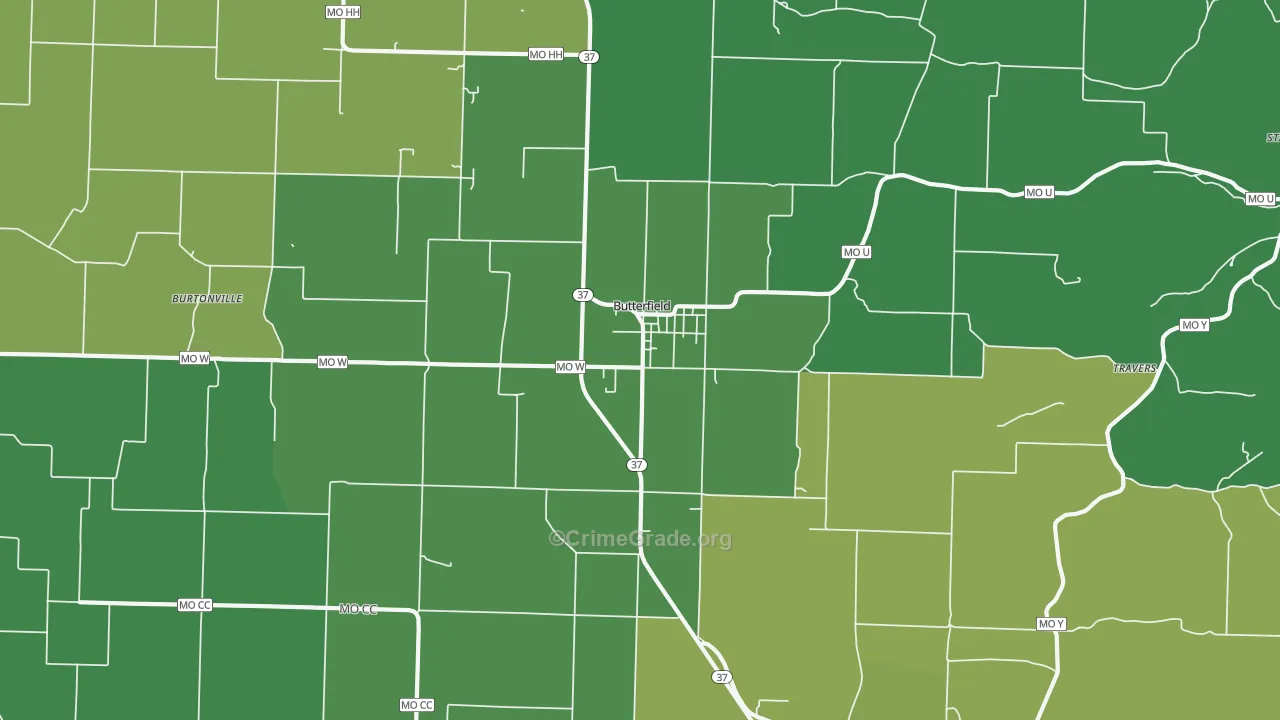 Butterfield, MO Map of Vehicle Theft Rates