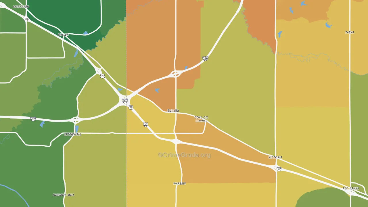 Byhalia, MS Map of Vehicle Theft Rates