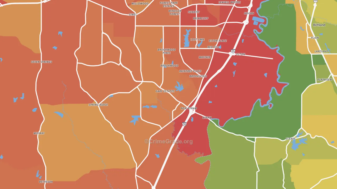 Byram, MS Map of Vehicle Theft Rates