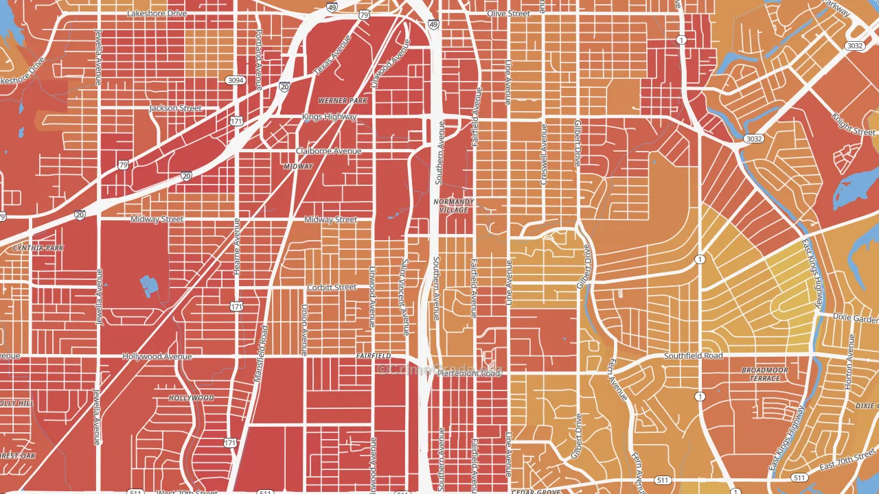 Caddo Heights-South Highlands, Shreveport, LA Map of Vehicle Theft Rates