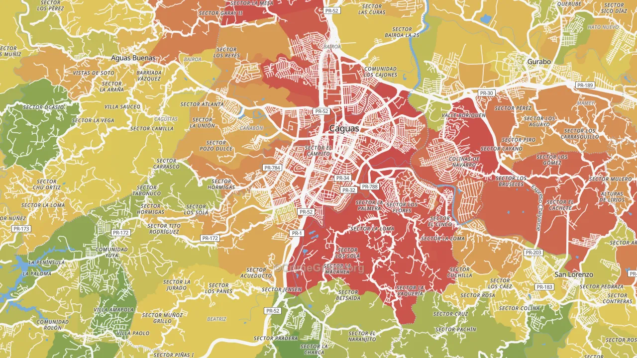 Caguas, PR Map of Vehicle Theft Rates
