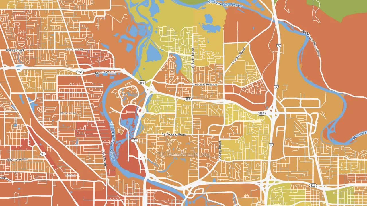 Cal Young, Eugene, OR Map of Vehicle Theft Rates