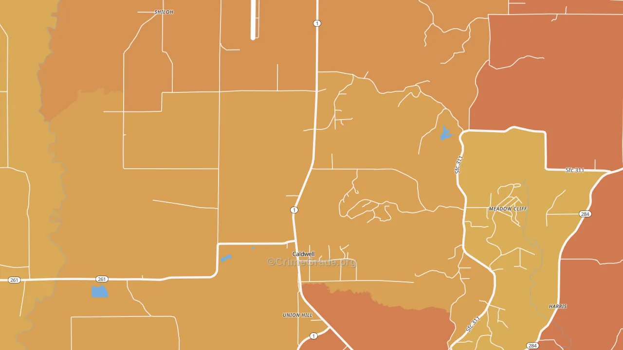 Caldwell, AR Map of Vehicle Theft Rates
