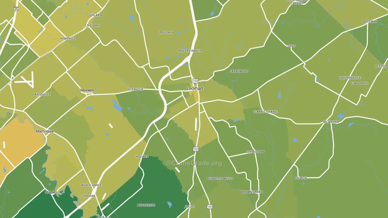 Caldwell County, TX Map of Vehicle Theft Rates