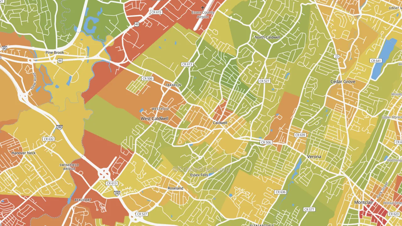 Caldwell, NJ Map of Vehicle Theft Rates