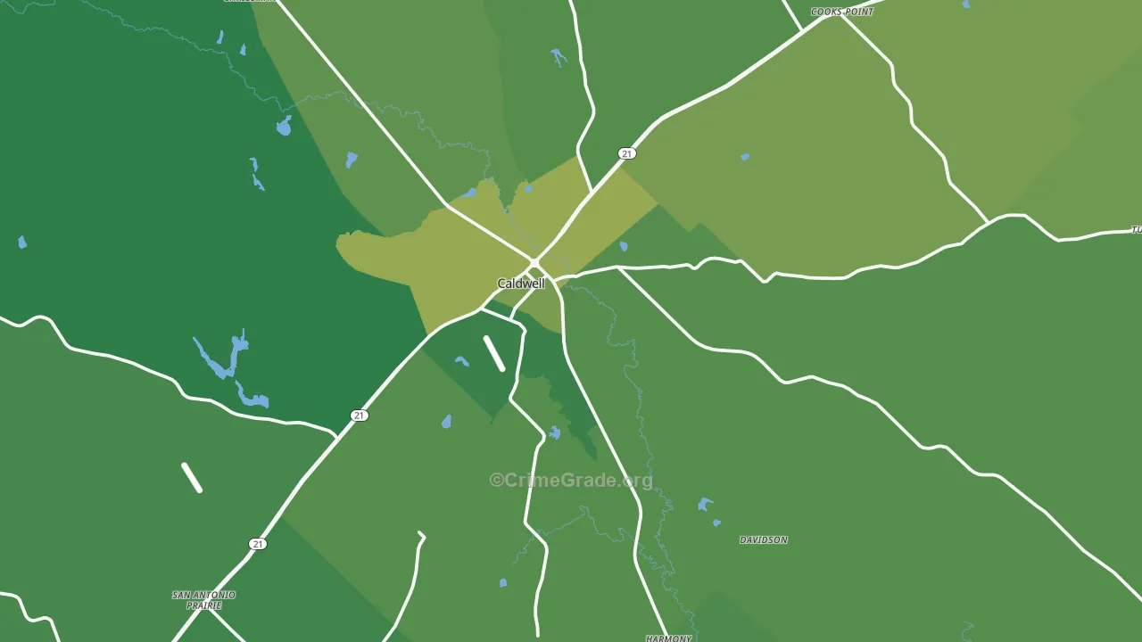 Caldwell, TX Map of Vehicle Theft Rates