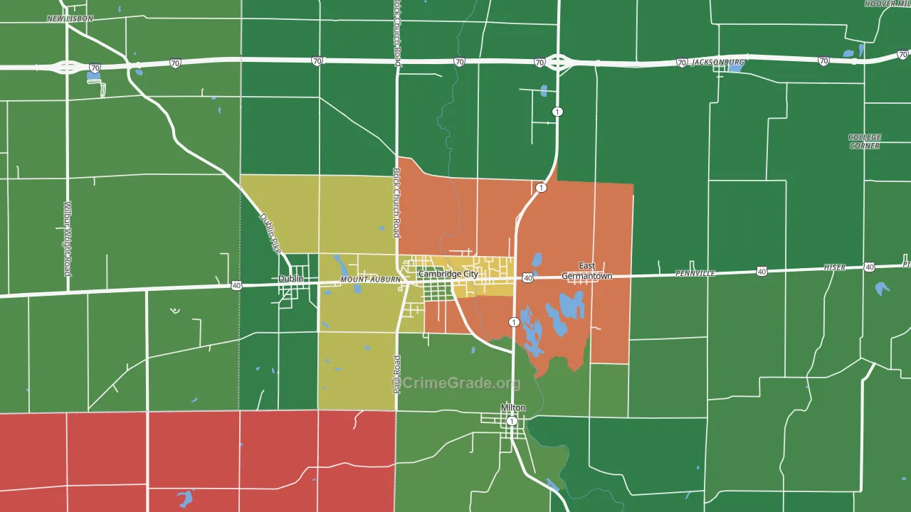 Cambridge City, IN Map of Vehicle Theft Rates
