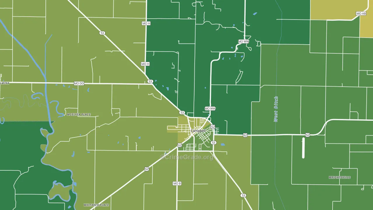 Campbell, MO Map of Vehicle Theft Rates