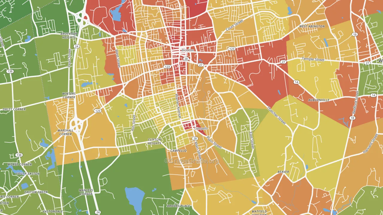 Campello, Brockton, MA Map of Vehicle Theft Rates