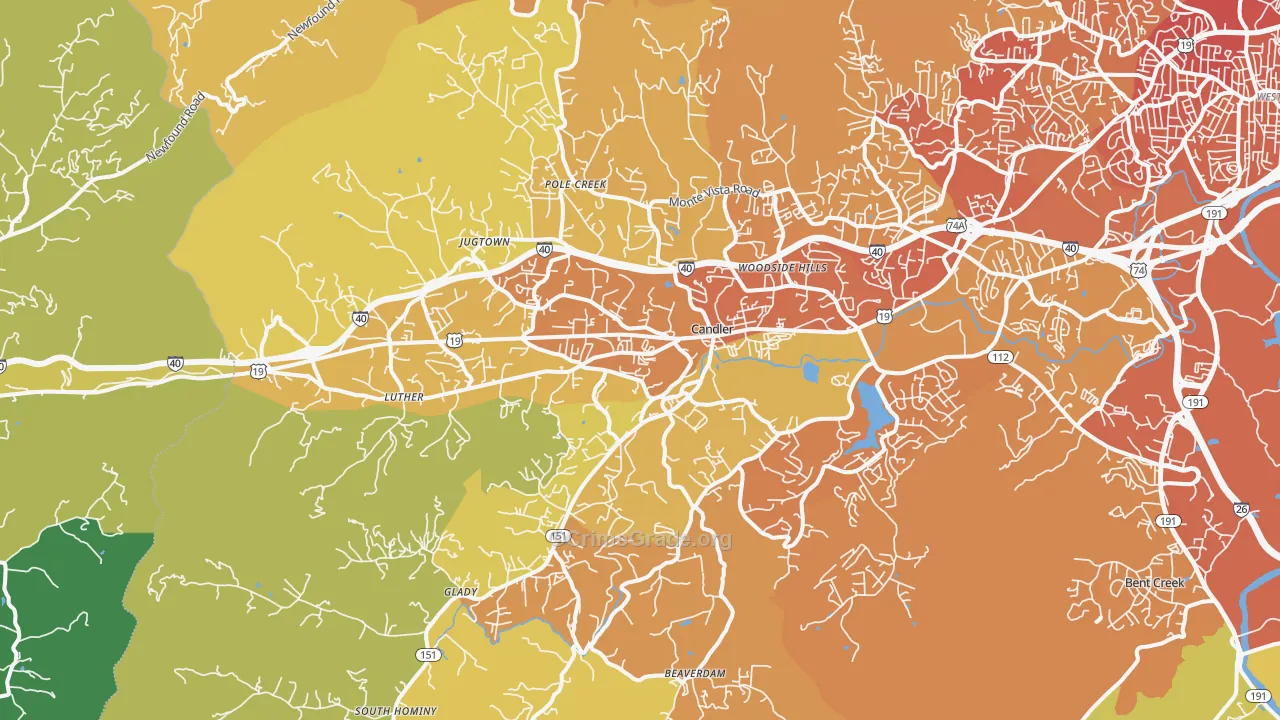 Candler, NC Map of Vehicle Theft Rates