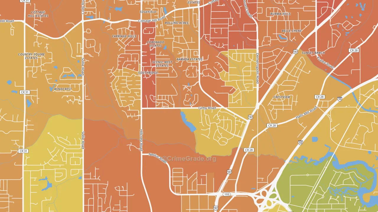 Canterbury, Mobile, AL Map of Vehicle Theft Rates