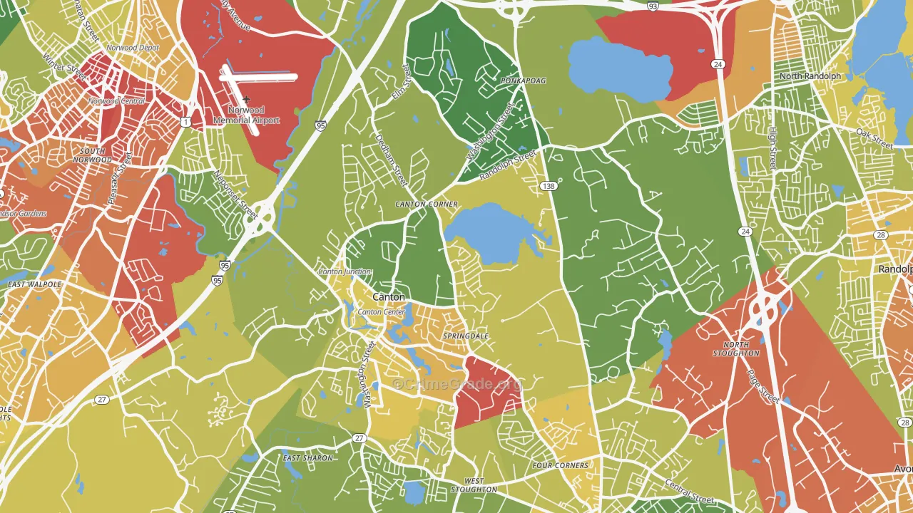 Canton, MA Map of Vehicle Theft Rates