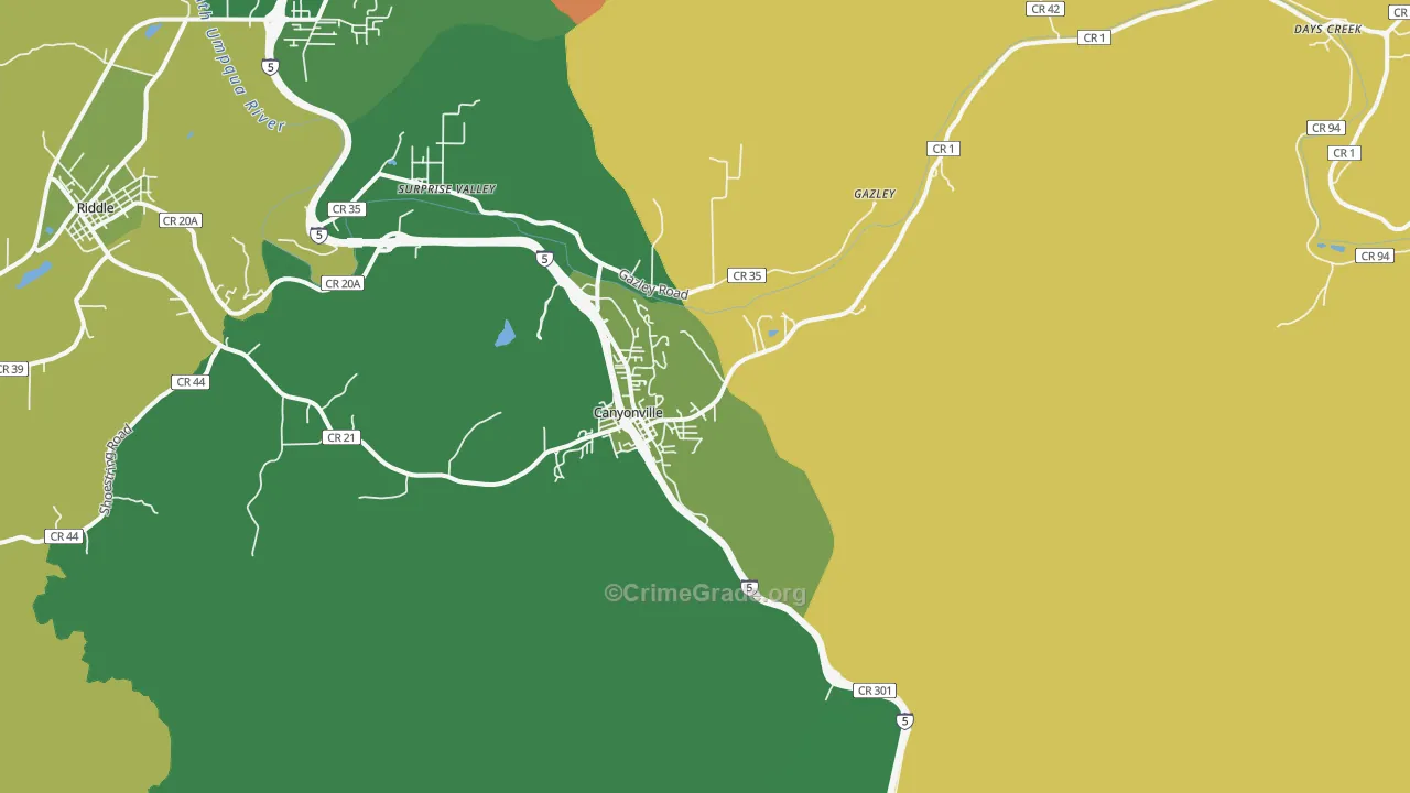 Canyonville, OR Map of Vehicle Theft Rates
