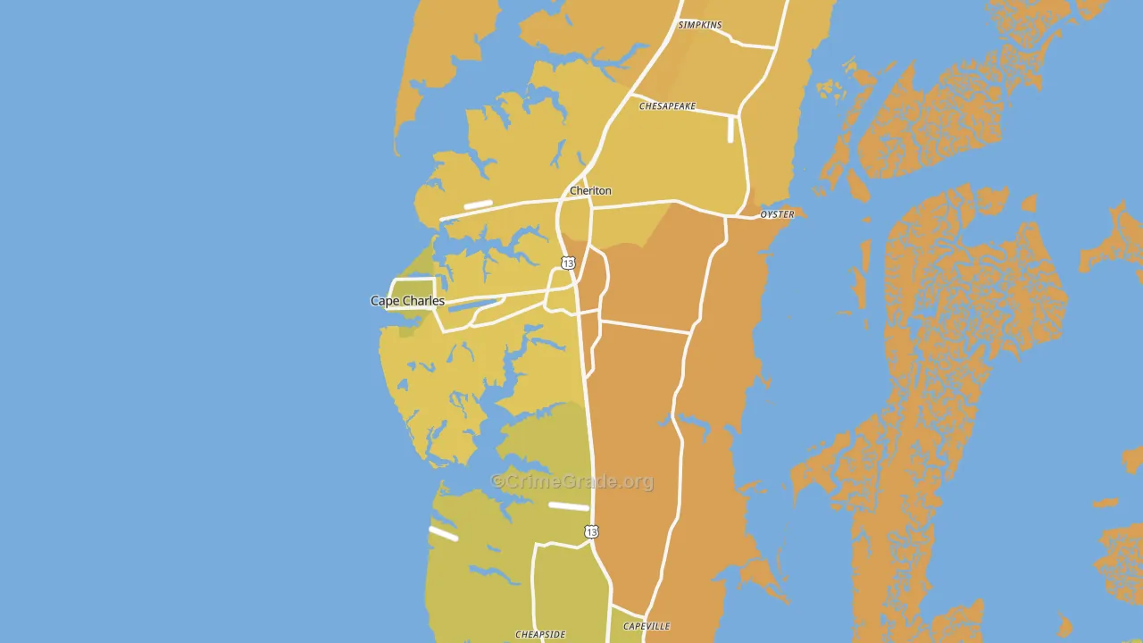 Cape Charles, VA Map of Vehicle Theft Rates