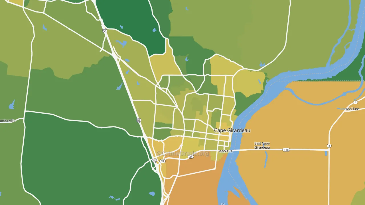 Cape Girardeau, MO Map of Vehicle Theft Rates