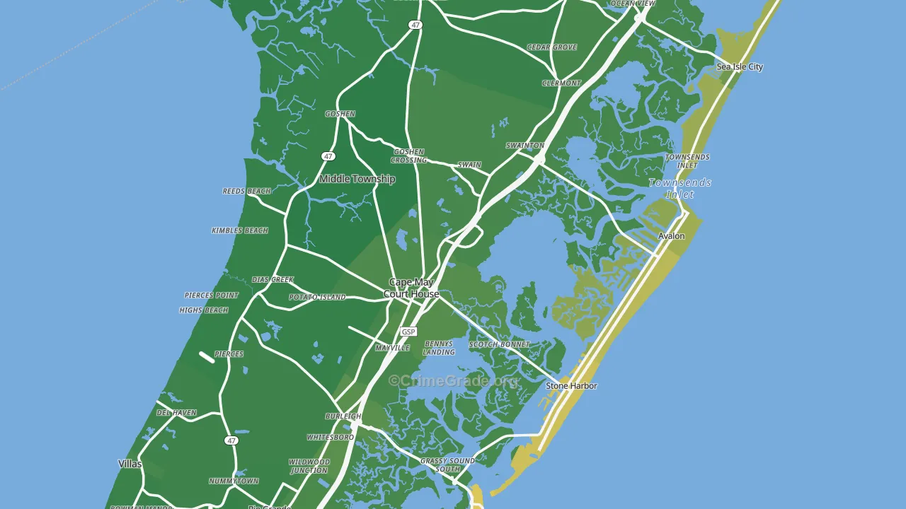 Cape May County, NJ Map of Vehicle Theft Rates