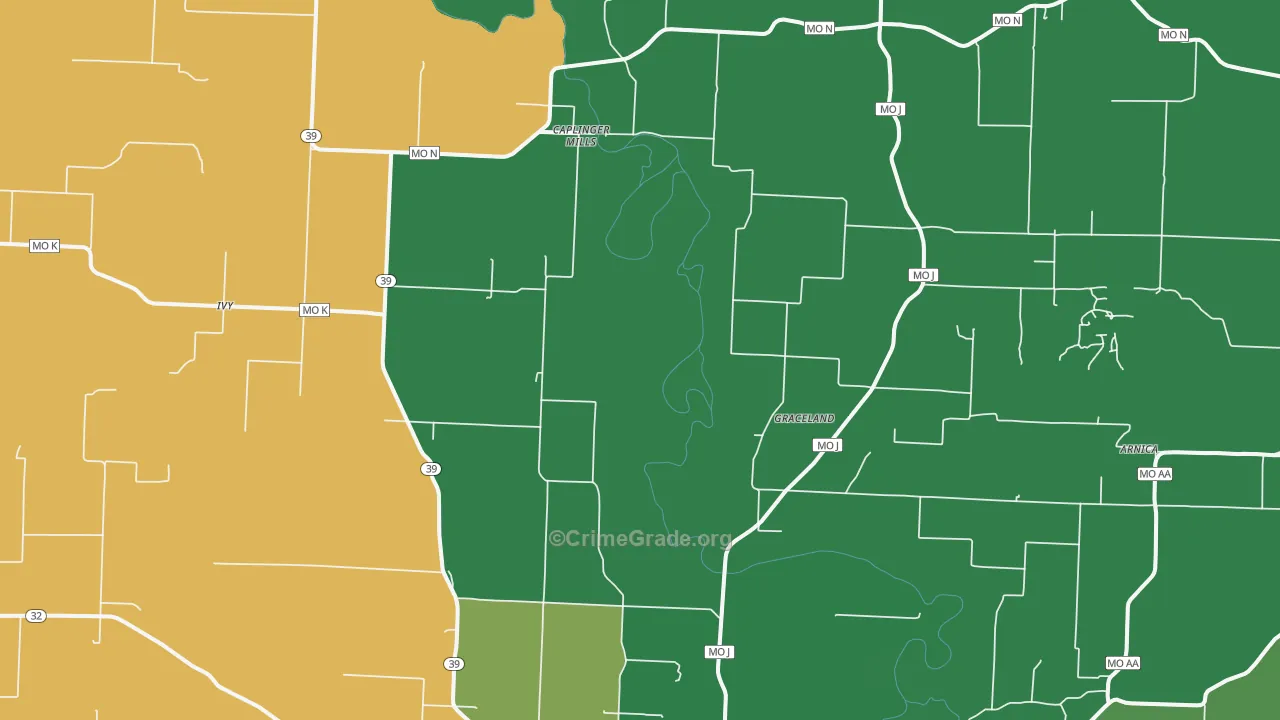 Caplinger Mills, MO Map of Vehicle Theft Rates