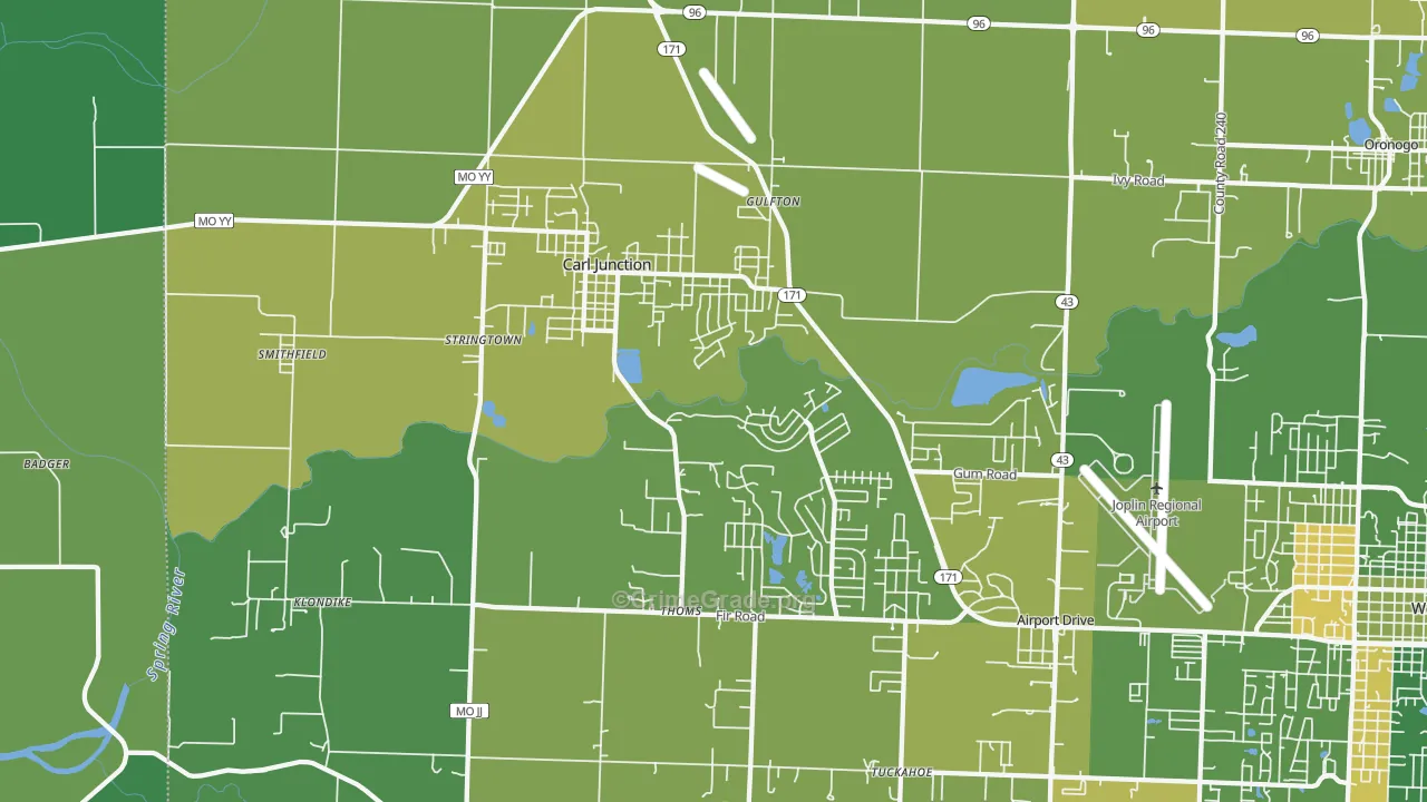 Carl Junction, MO Map of Vehicle Theft Rates