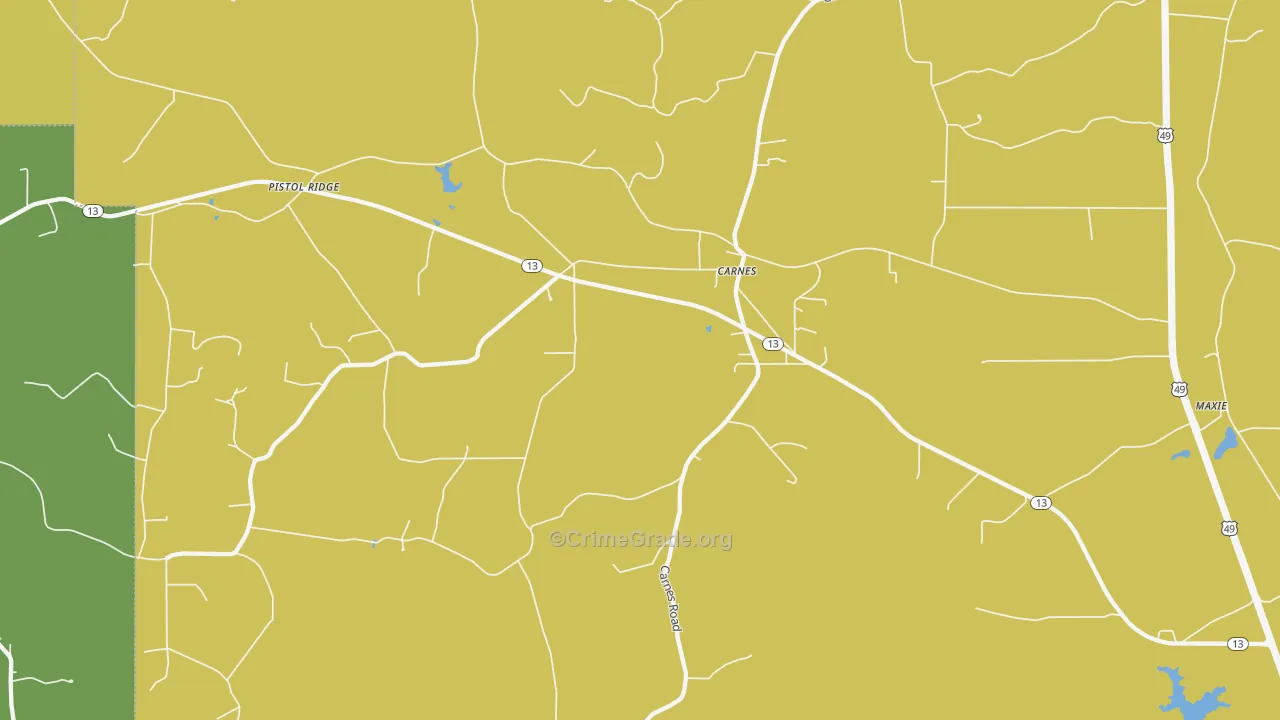 Carnes, MS Map of Vehicle Theft Rates