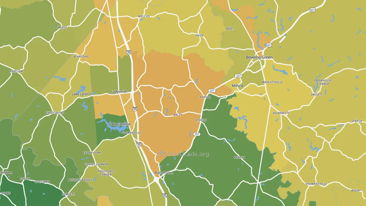Caroline County, VA Map of Vehicle Theft Rates