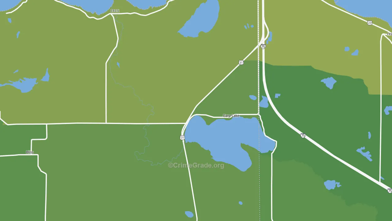Carp Lake, MI Map of Vehicle Theft Rates