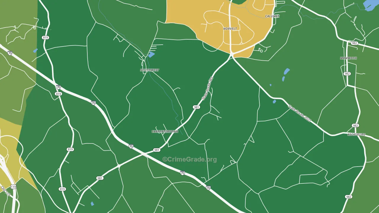 Carpentertown, PA Map of Vehicle Theft Rates