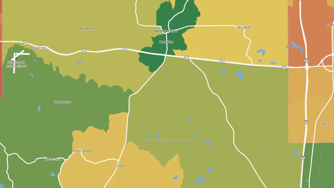 Carroll County, MS Map of Vehicle Theft Rates