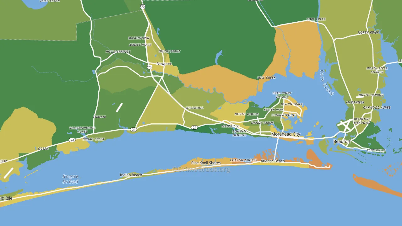 Carteret County, NC Map of Vehicle Theft Rates