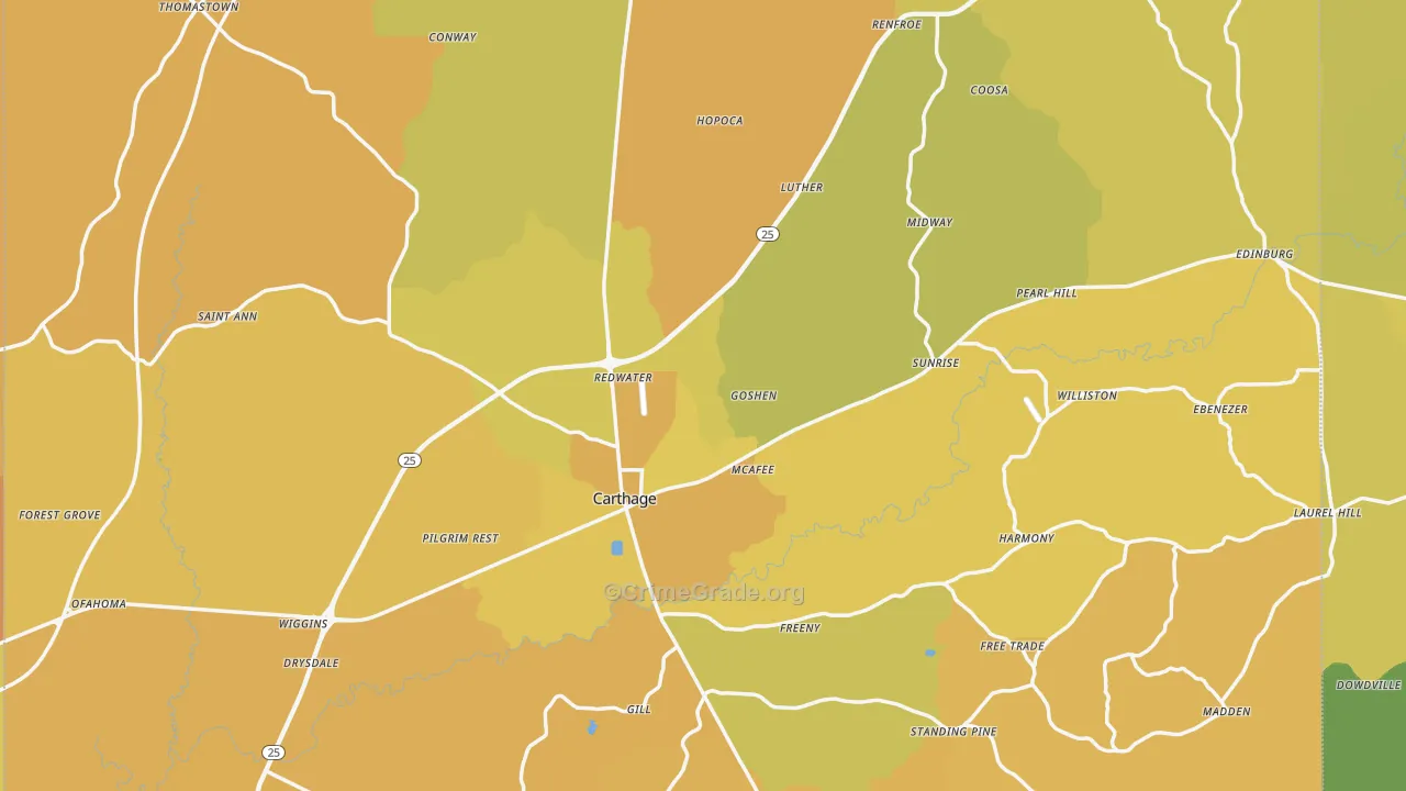 Carthage, MS Map of Vehicle Theft Rates