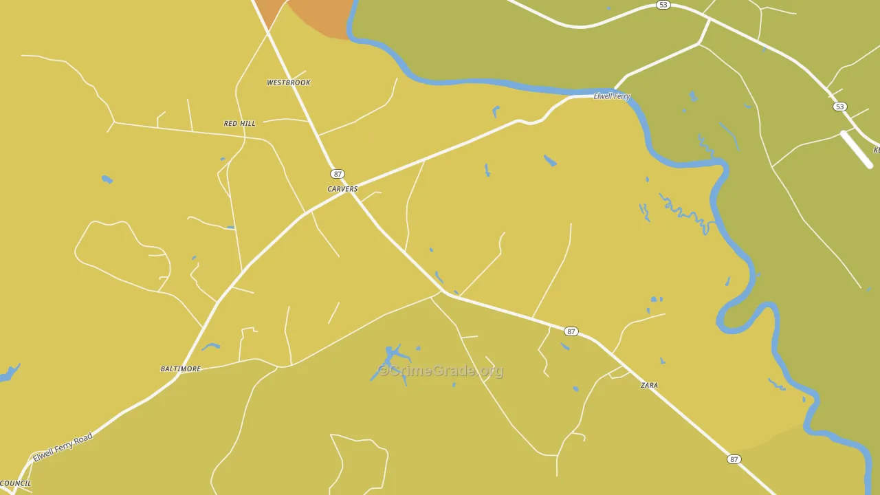 Carvers, NC Map of Vehicle Theft Rates