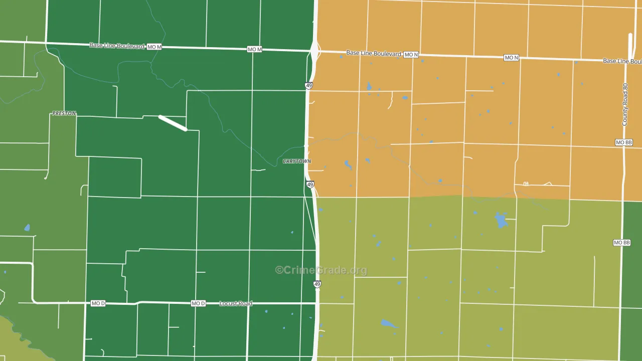 Carytown, MO Map of Vehicle Theft Rates