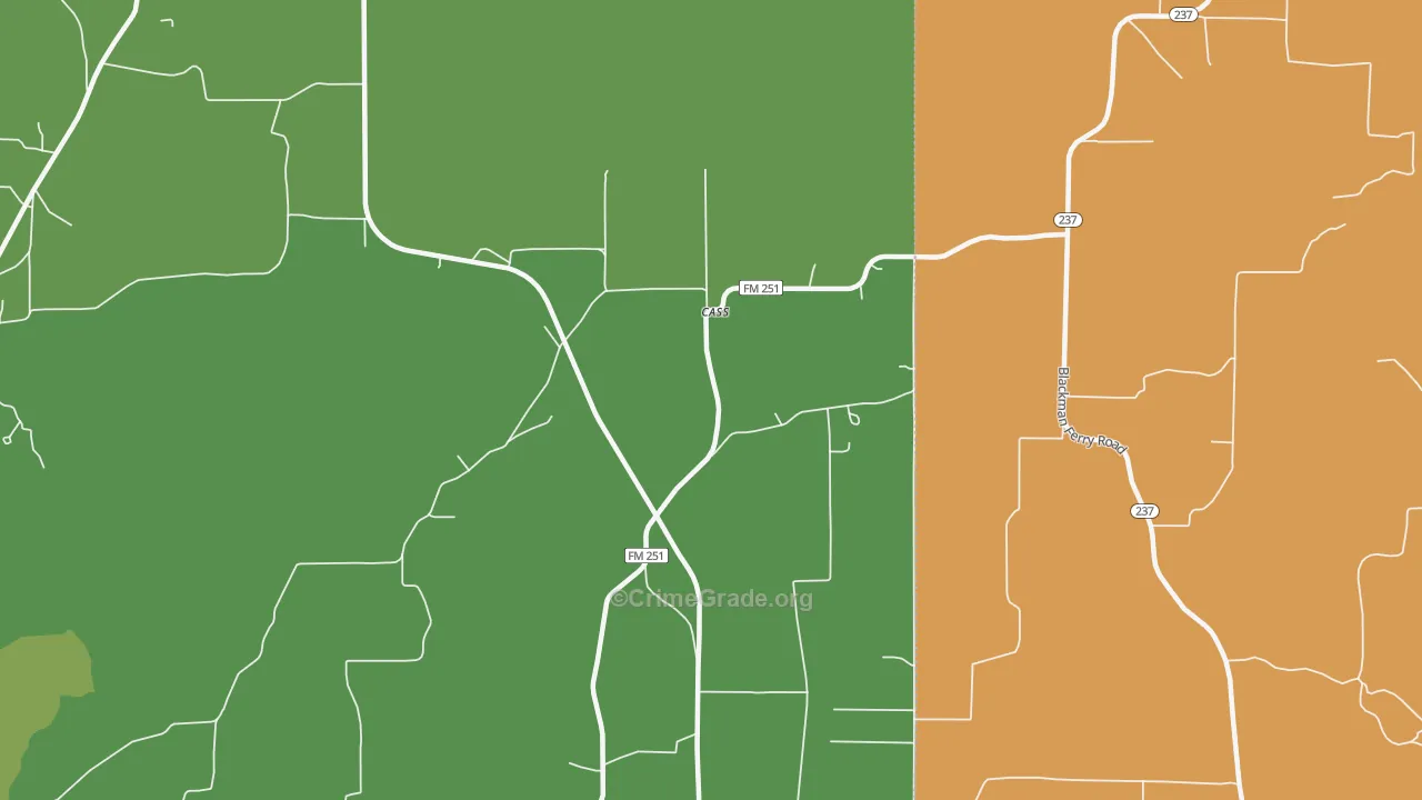 Cass, TX Map of Vehicle Theft Rates