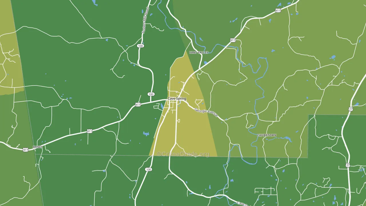Cave Spring, GA Map of Vehicle Theft Rates