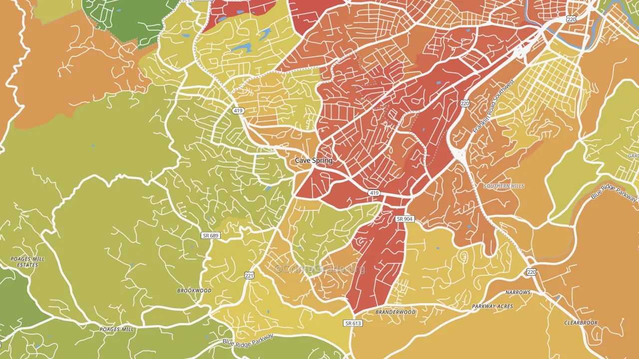 Cave Spring, VA Map of Vehicle Theft Rates