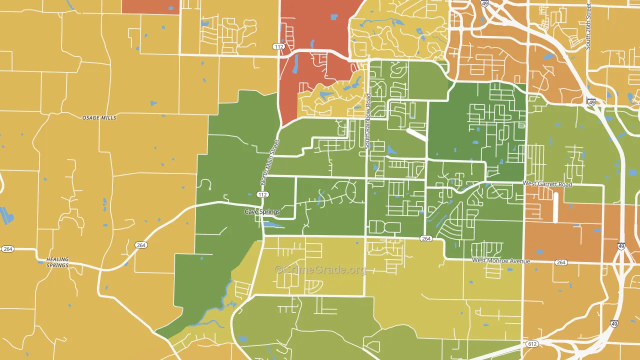 Cave Springs, AR Map of Vehicle Theft Rates