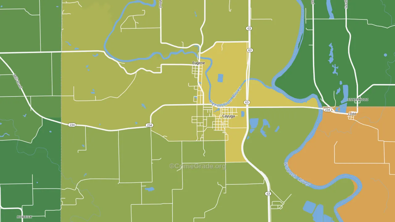 Cayuga, IN Map of Vehicle Theft Rates