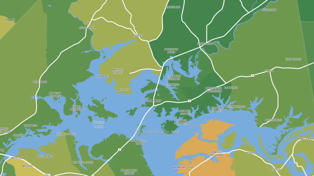 Cedar Bluff, AL Map of Vehicle Theft Rates