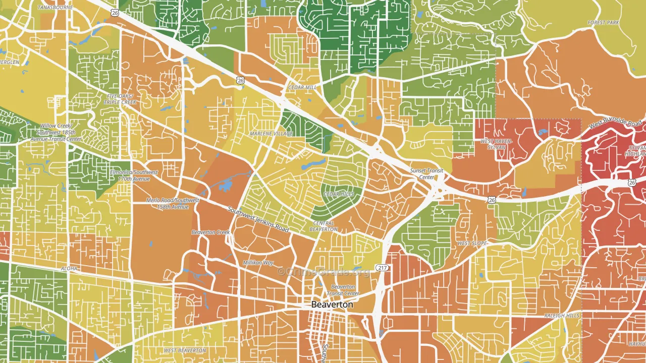 Cedar Hills-Cedar Mill North, Beaverton, OR Map of Vehicle Theft Rates