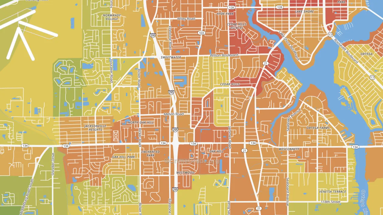 Cedar Hills, Jacksonville, FL Map of Vehicle Theft Rates