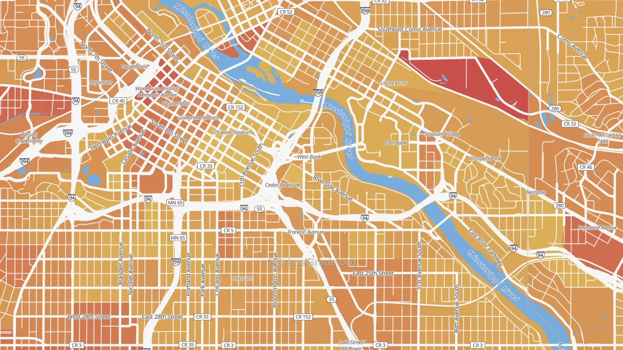 Cedar-Riverside, Minneapolis, MN Map of Vehicle Theft Rates