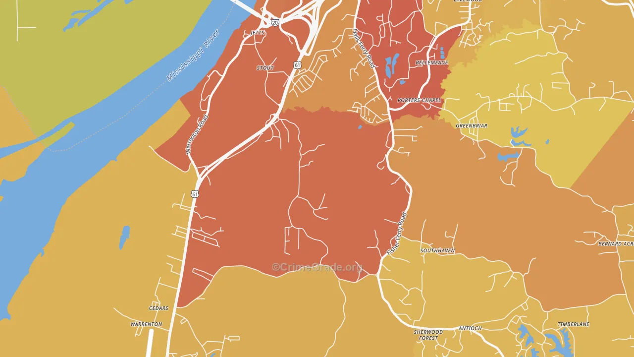 Cedars, MS Map of Vehicle Theft Rates