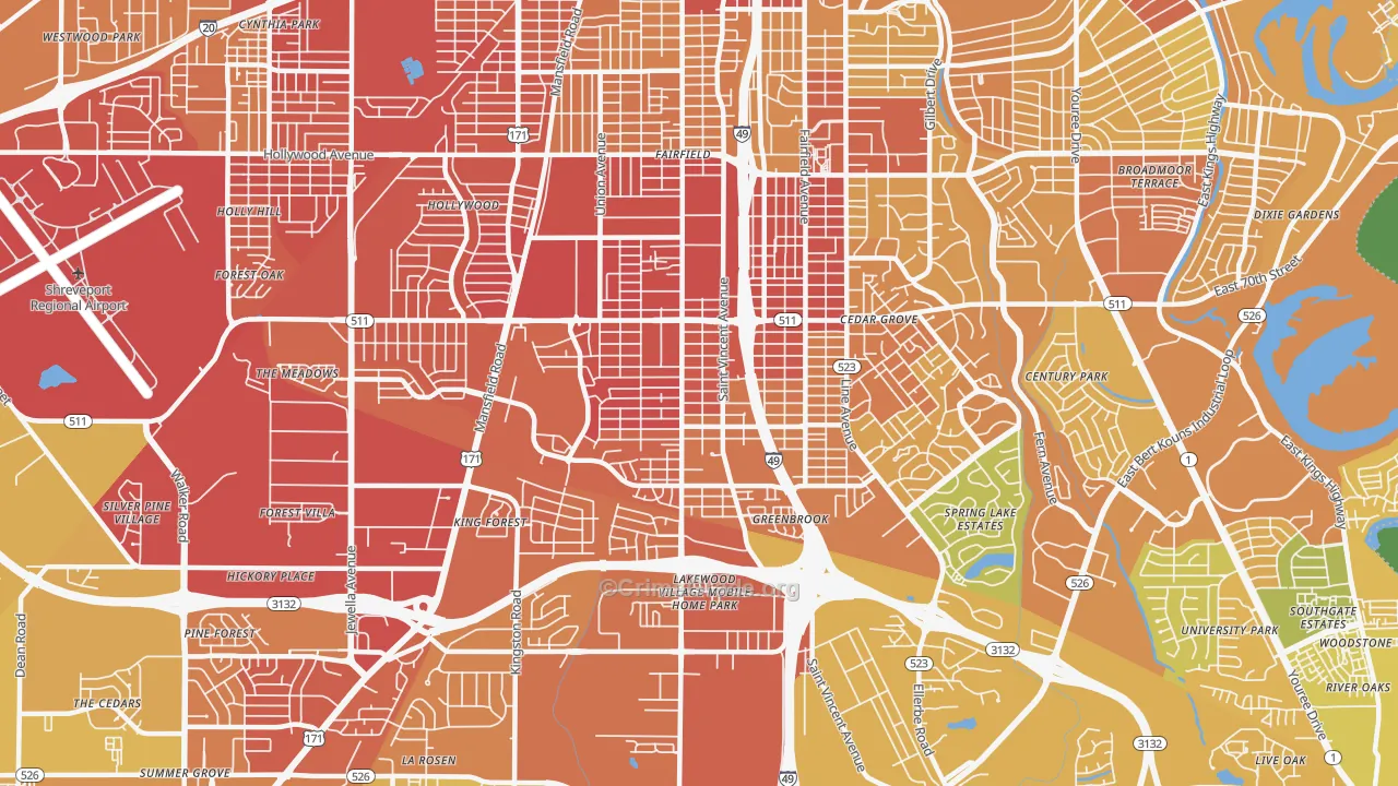 Ceder Grove-Lynbrook, Shreveport, LA Map of Vehicle Theft Rates