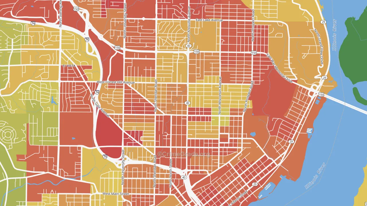 Center Bluff, Peoria, IL Map of Vehicle Theft Rates