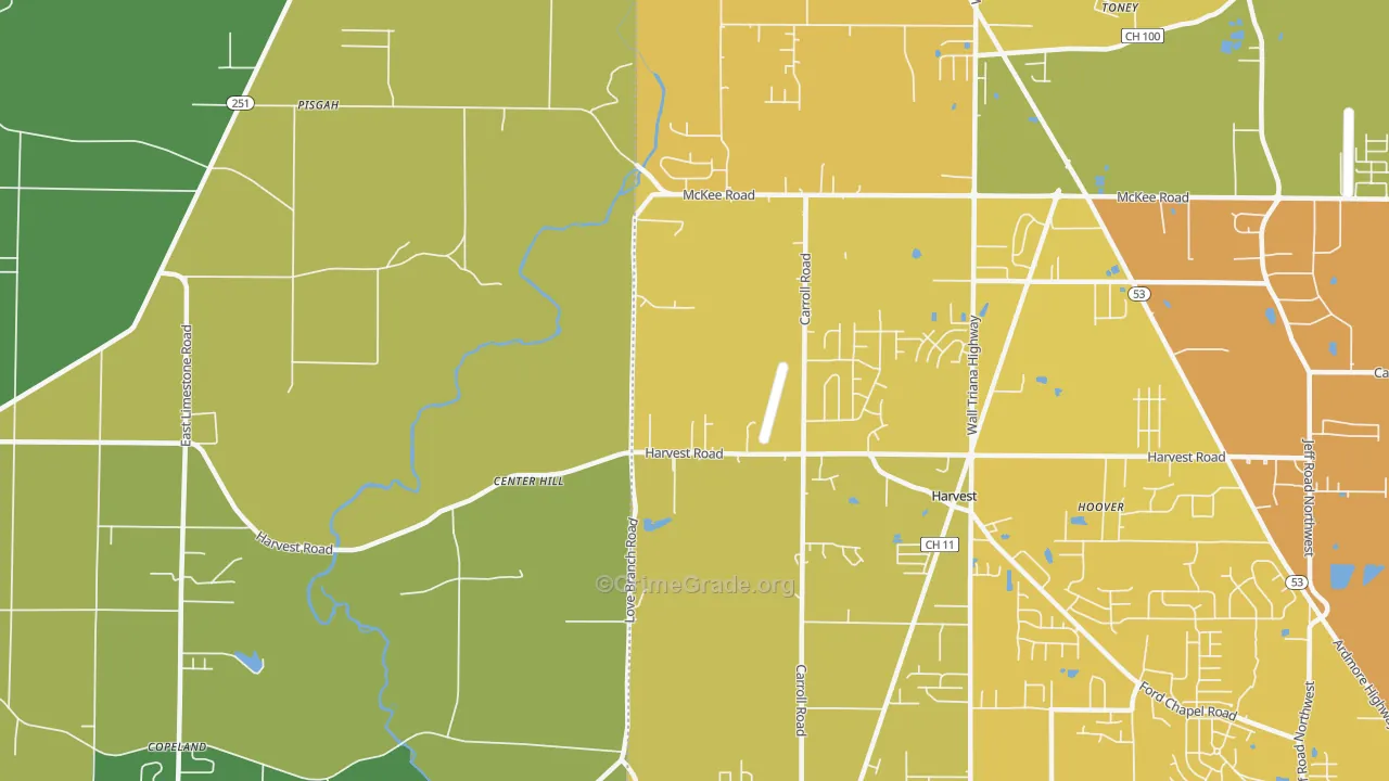 Center Hill, AL Map of Vehicle Theft Rates