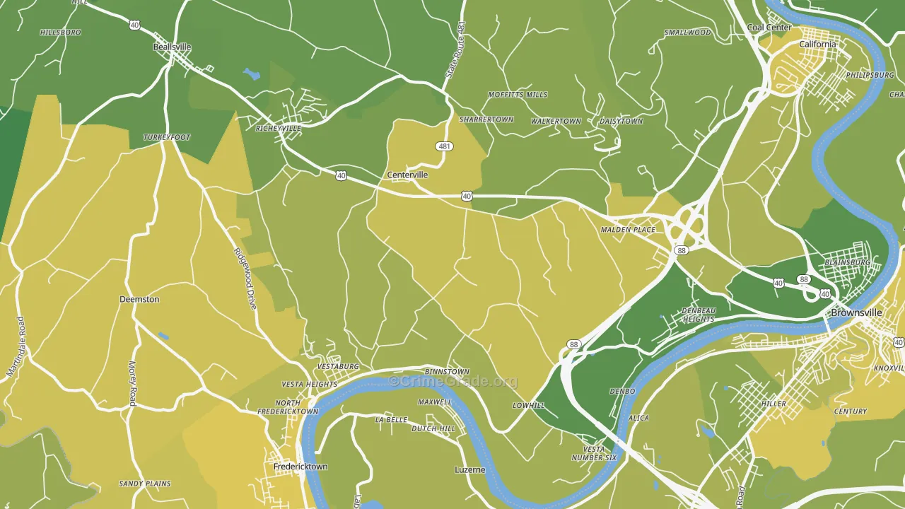 Centerville, Brownsville, PA Map of Vehicle Theft Rates