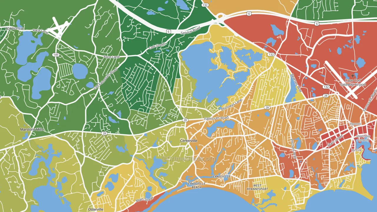 Centerville, MA Map of Vehicle Theft Rates