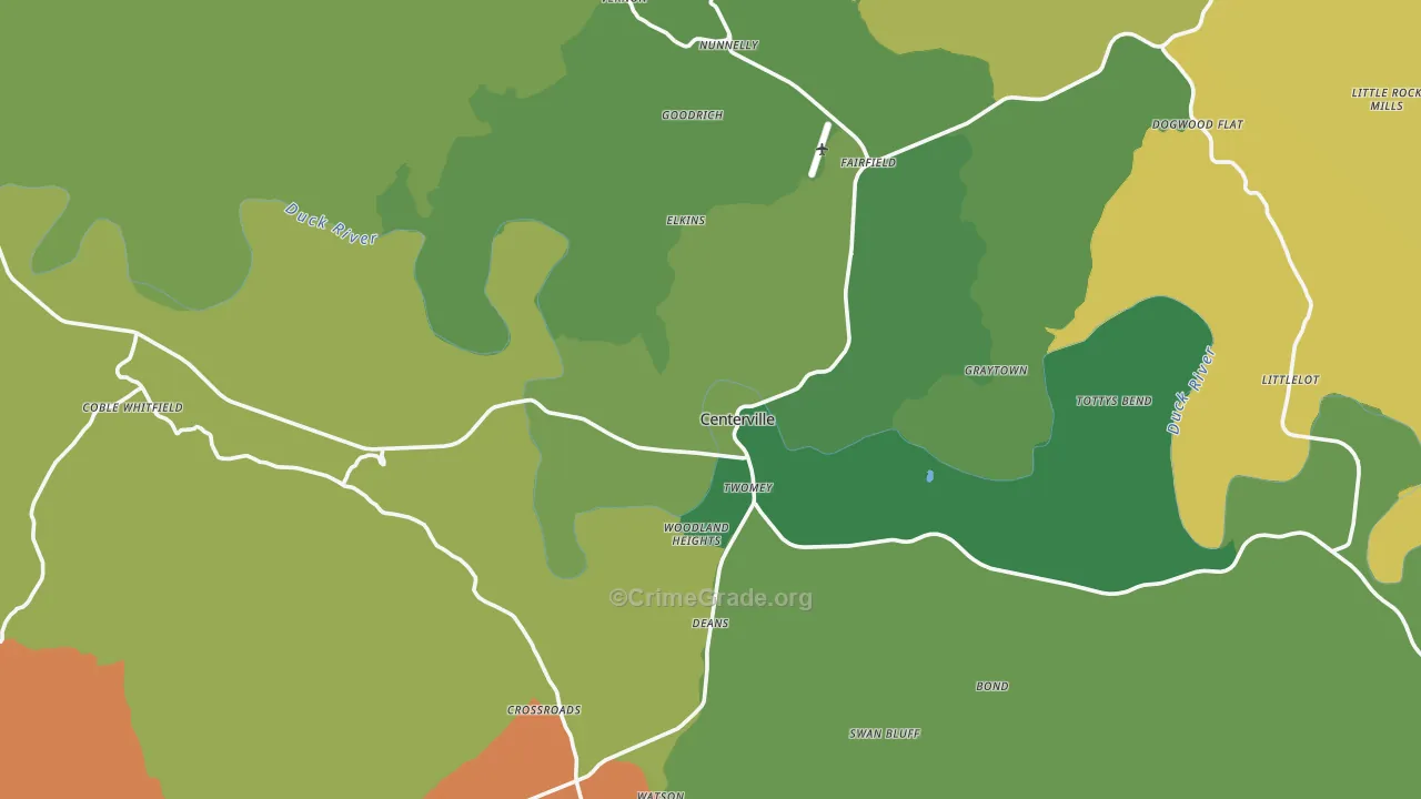 Centerville, TN Map of Vehicle Theft Rates